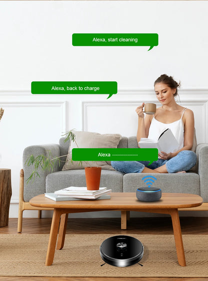 Zwart glanzend robotstofzuiger met zilveren knop en bedieningsknoppen, uitgerust met app-gebaseerd navigatiesysteem voor automatische huishoudelijke s