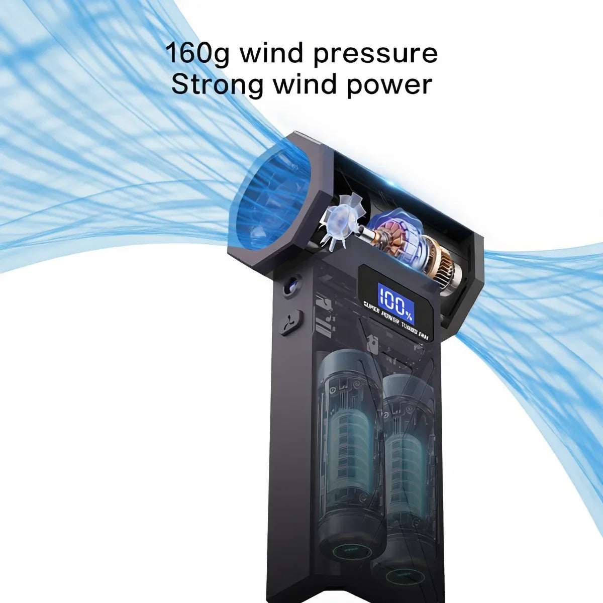 Zwarte draadloze superkrachtige turboventilator met digitale display en diverse accessoires, geschikt voor automatische reiniging en stofverwijdering 
