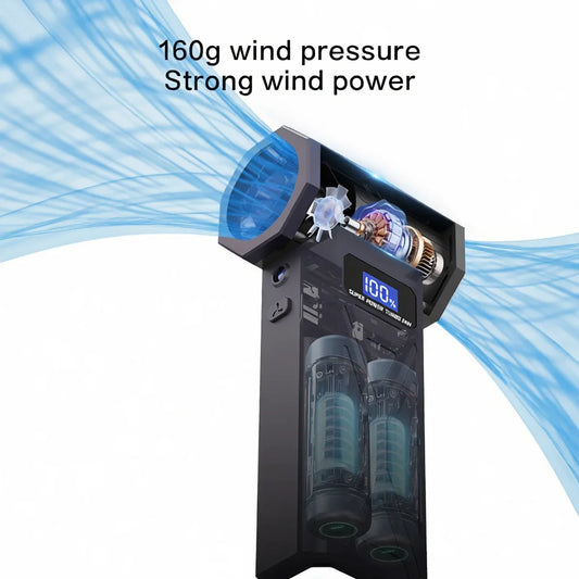 Zwarte draadloze superkrachtige turboventilator met digitale display en diverse accessoires, geschikt voor automatische reiniging en stofverwijdering 