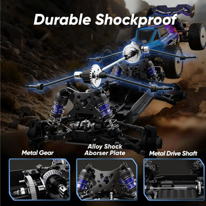 Een blauw paars JIUSI WB12 PRO 1/12 RC-raceauto met grote knipperende banden, inclusief stuur, batterijen en oplader voor speelplein of racetrack. - F