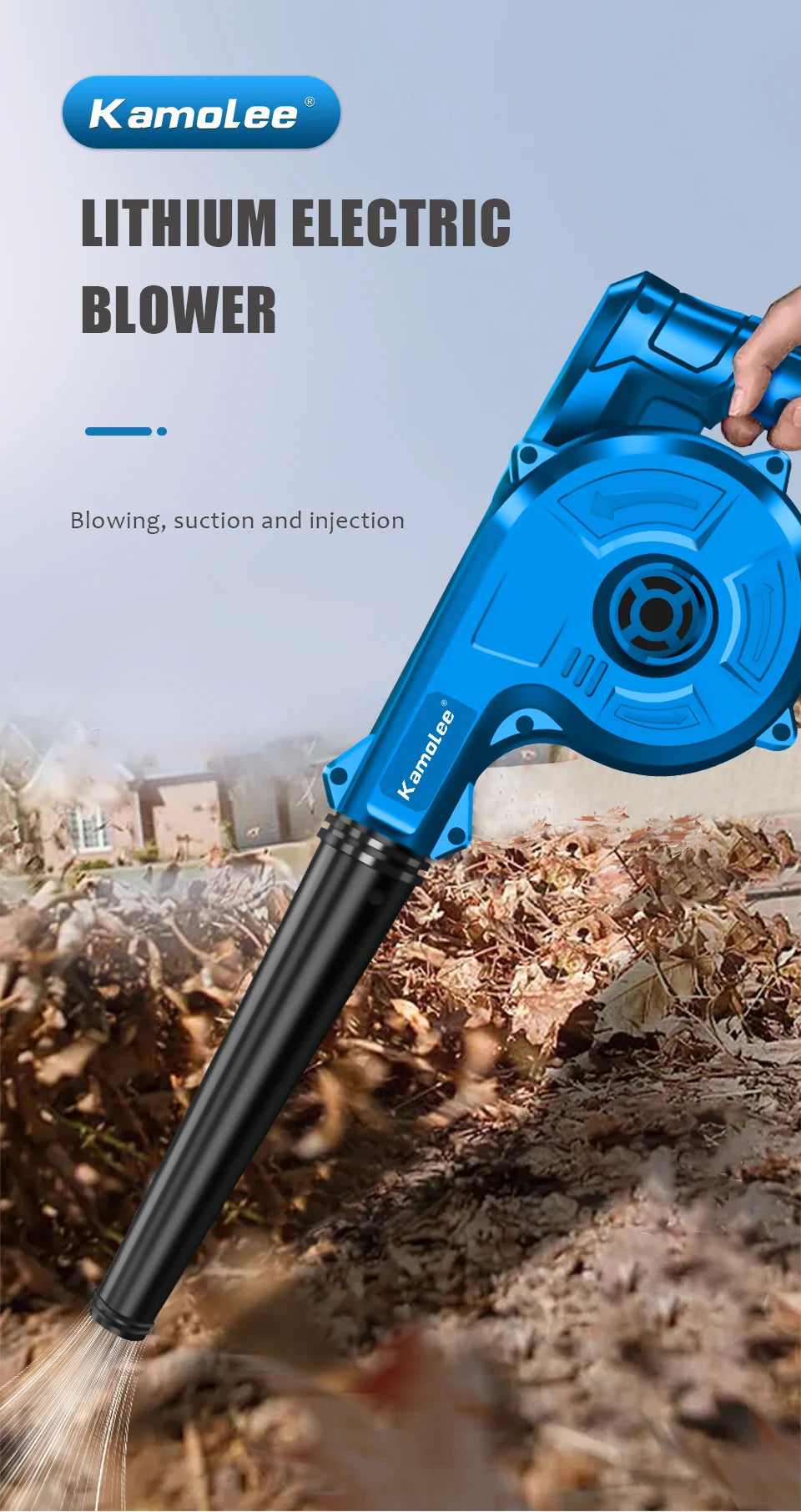 Kamolee draadloze blower in helderblauw met zwart uitblaasstuk, uitgerust met lithium-ion batterijen voor tuin- en schoonmaakopdrachten. Geschikt voor