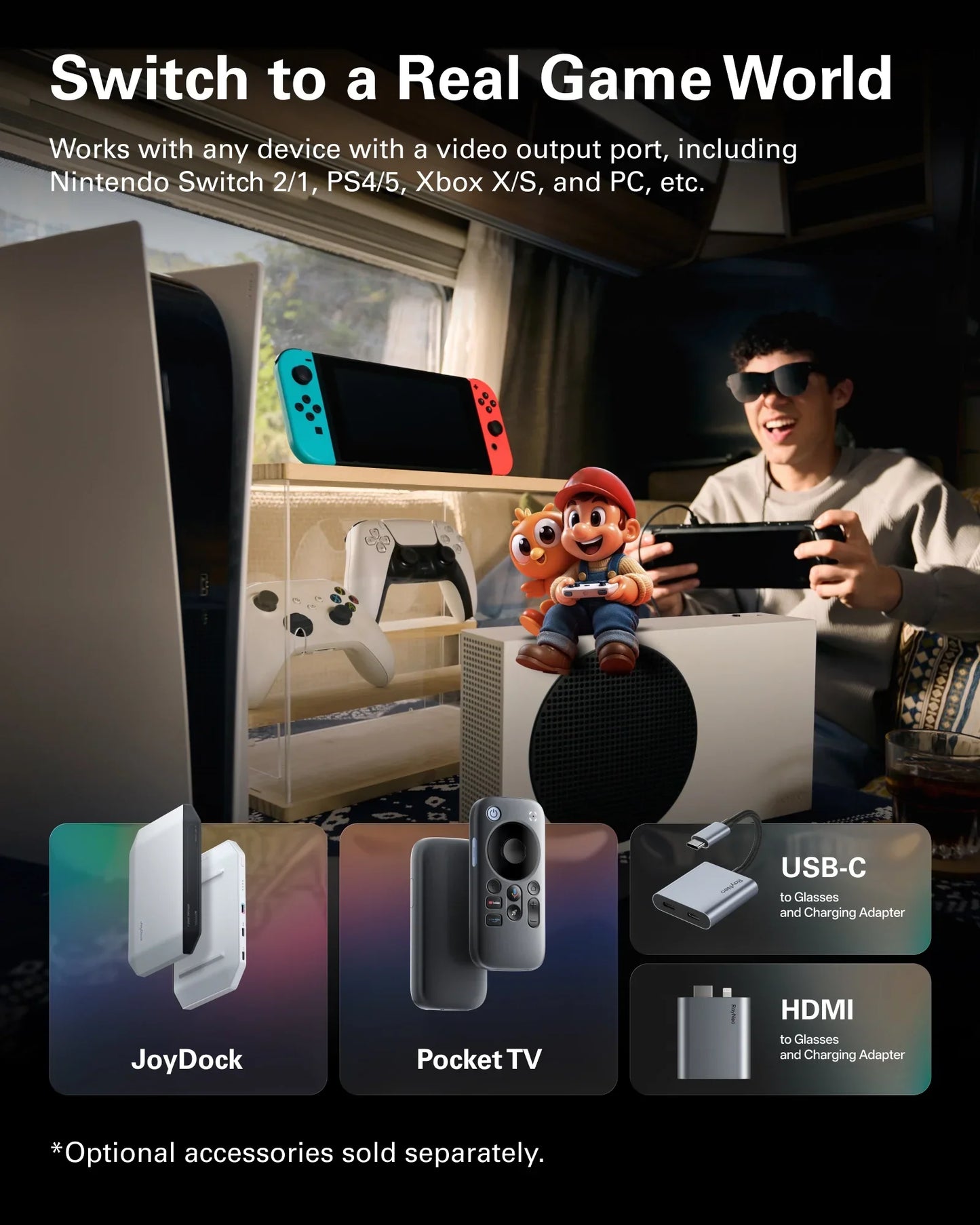 Zwart RayNeo Air 4 smartbril met donkere glazen en USB-C kabel, ideaal voor sportieve en technologische gebruikers. Geleverd met een USB-C adapter als
