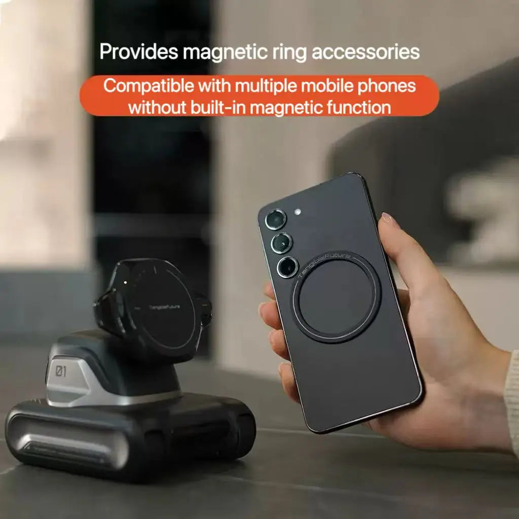 Een zwarte LOOI smart robot met blauwe oogleden, geplaatst op een magnetisch houder voor smartphones. Ideaal als desktop assistent voor persoonlijke i
