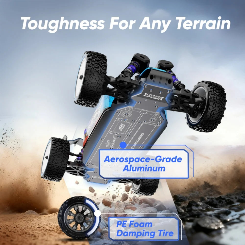 De JIUSI WB12 PRO 1/12 RC-raceauto in blauw en paars met grote rubberen banden, inclusief stuur, batterijen en oplader voor speelplein of binnenshuis 