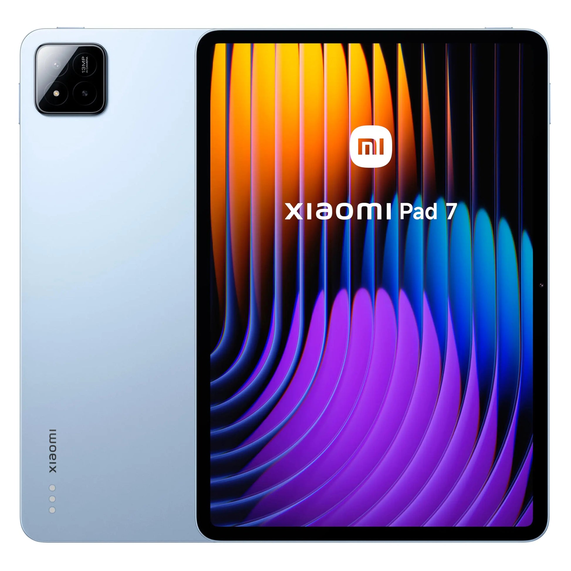 Grijze Xiaomi Pad 7 Wifi met kleurrijke schermachtergrond in paars en oranje, voorzien van een driekamer camera. Ideaal voor multimedia en productivit
