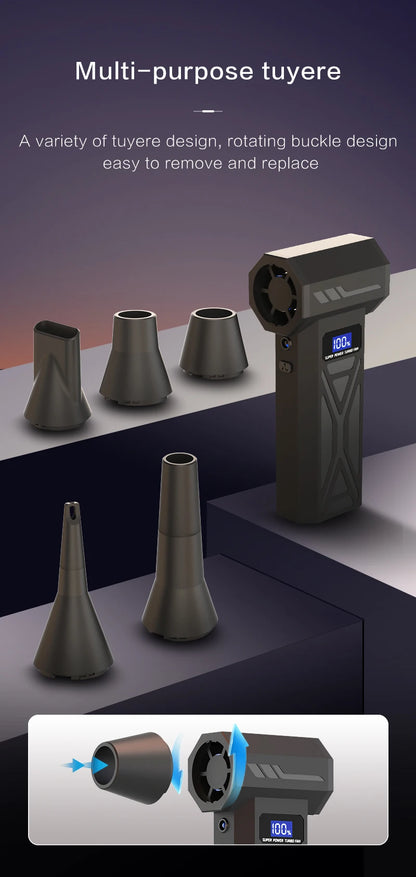 Zwarte draadloze superkrachtige turbo ventilator met digitale display, inclusief diverse accessoires voor auto’s en huishoudelijk gebruik. Compacte, m