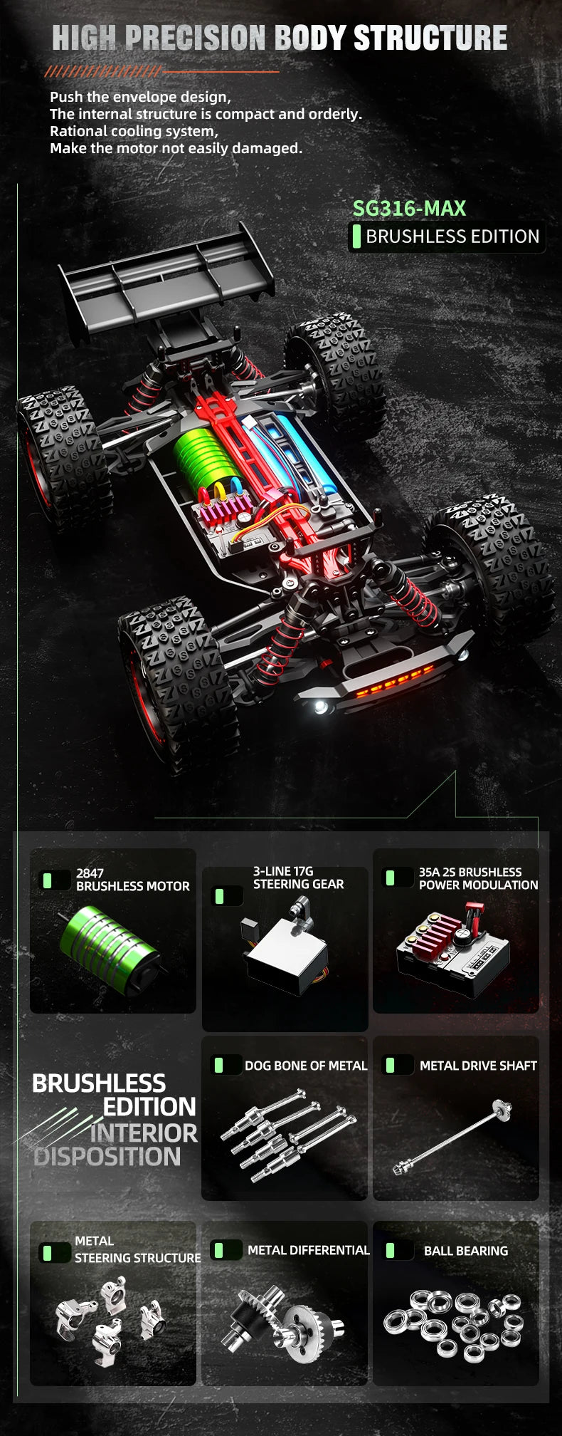 Zwart Rigid off-road RC-raceauto met rode velgen en LED-verlichting, uitgerust met stuur, batterijen en opbergzak voor terreinrijden en speelplezier. 