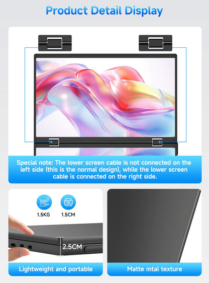 Een zwarte UPERFECT 15,6-inch dubbel scherm laptop met 1080P FHD resolutie, 350 nits helderheid en 100% sRGB kleurweergave, ideaal voor gaming en crea