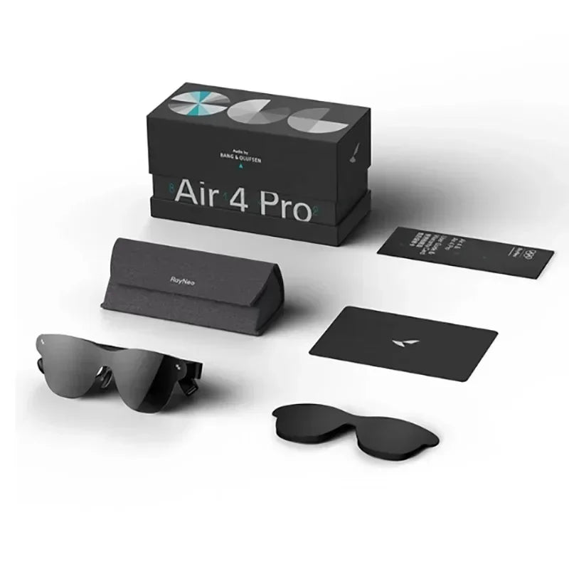 Zwart RayNeo Air 4 smartbril met donkere glazen en USB-C kabel, ideaal voor sportieve gebruikers. Geleverd met een USB-C adapter als cadeau voor sport
