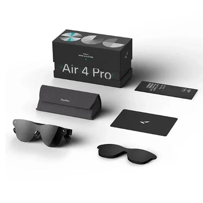 Zwart RayNeo Air 4 smartbril met donkere glazen en USB-C kabel, ideaal voor sportieve gebruikers. Geleverd met een USB-C adapter als cadeau voor sport