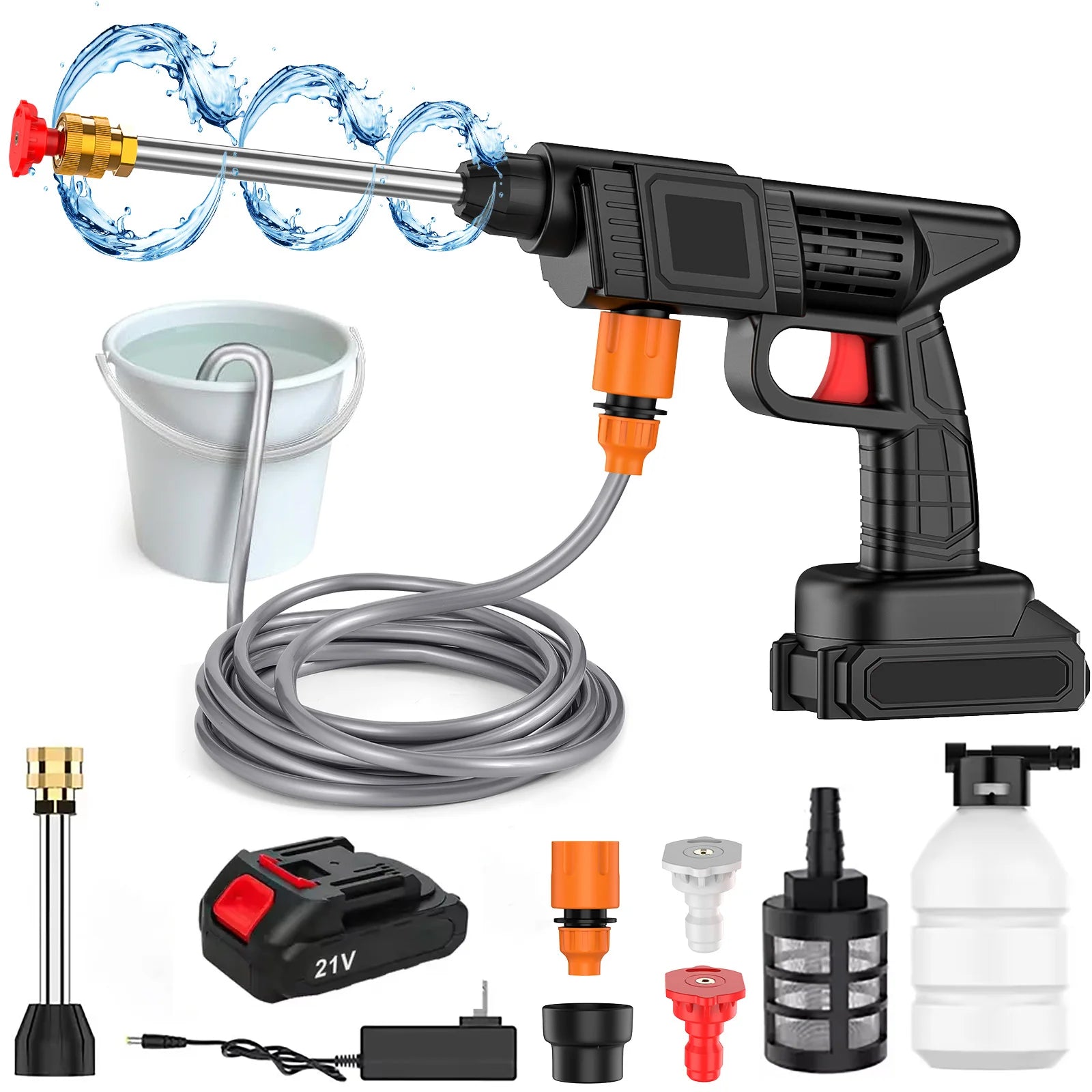 Een zwarte, draadloze waterstraler met 24V lithiumbatterijen, geïllustreerd met waterstraal, slang, emmer en diverse accessoires voor efficiënte carwa