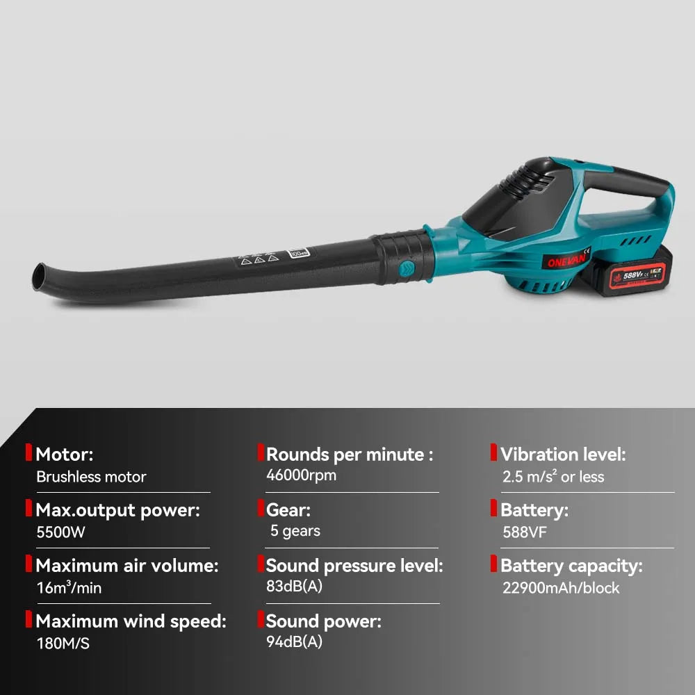 Een bladzager met blauw-zwart lichaam en zwarte slang, uitgerust met twee 588V accu’s, geschikt voor tuin- en bouwprojecten. 5500W vermogen en 5 versn