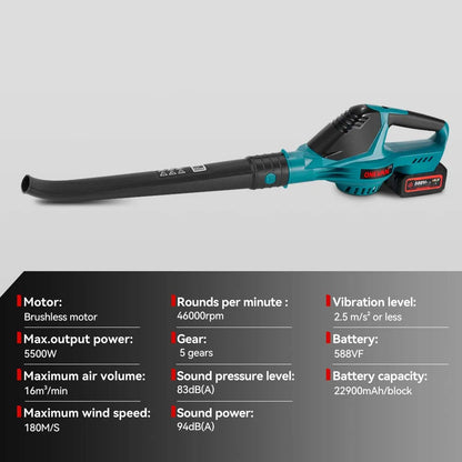 Een bladzager met blauw-zwart lichaam en zwarte slang, uitgerust met twee 588V accu’s, geschikt voor tuin- en bouwprojecten. 5500W vermogen en 5 versn