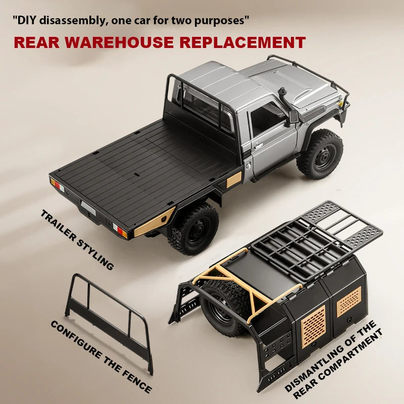 De ZWN MN82S 1:12 RC Toyota Land Cruiser in bruin, met grote terreinbanden en een opvallende bumper, staat op rotsachtig terrein. Officieel licentiepr
