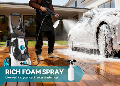 De YOFIDRA 200BAR waterkanon met blauwe en witte kleur, inclusief flexibele wielen, schuimborstel, en accessoires voor efficiënte carwash en tuinreini