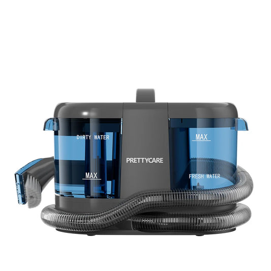 De PrettyCare vloerstofzuiger in zwart met blauwe waterreservoirs, voorzien van een flexibele slang en borstel, geschikt voor efficiënte vloer- en teg