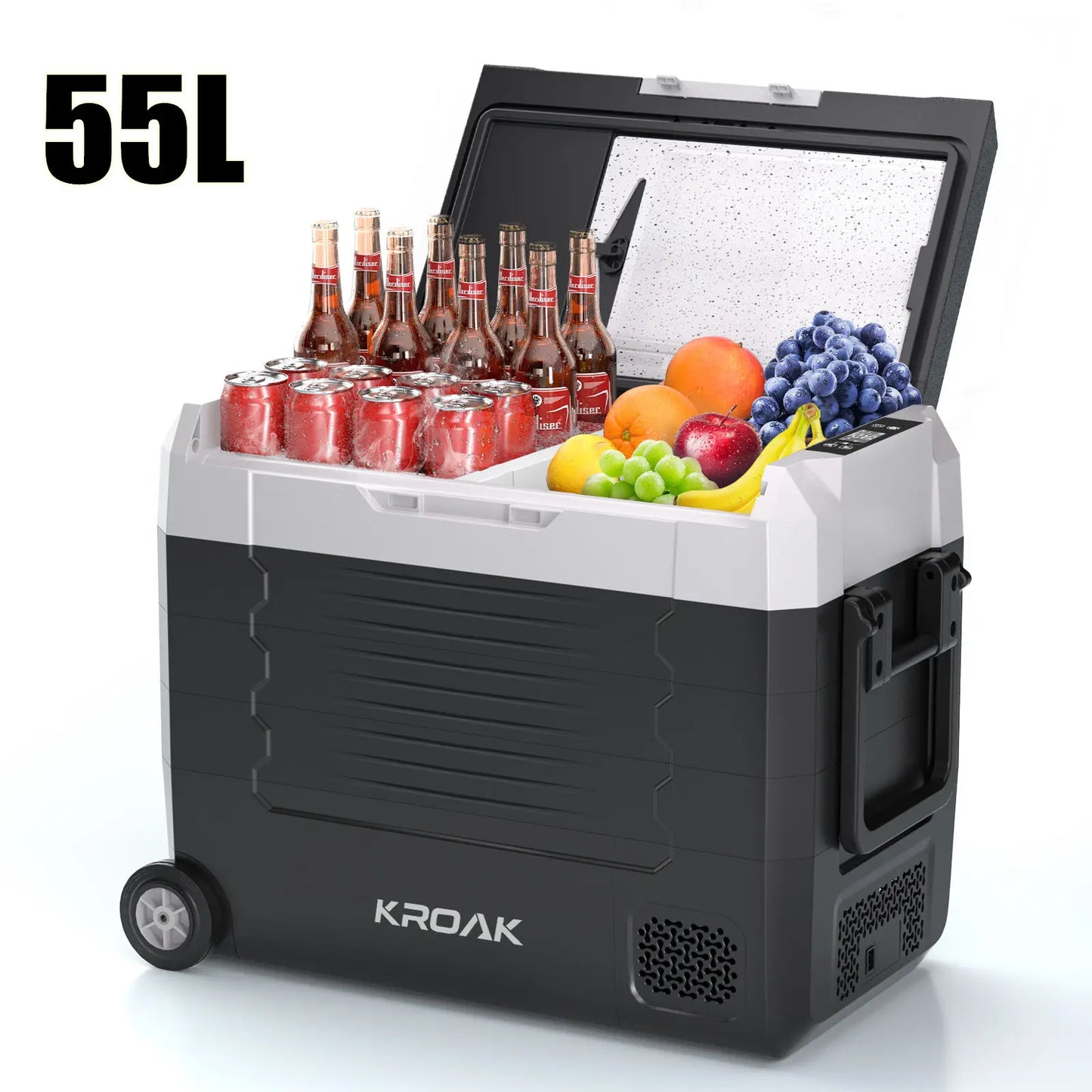 Zwarte, wielerige Hcalory koelbox met 35L capaciteit, gevuld met frisse dranken en fruit, inclusief mobiele app voor temperatuurcontrole, ideaal voor 