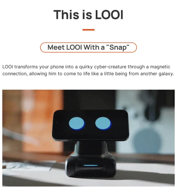 Een zwarte LOOI smart robot met blauwe oogleden, geplaatst op een magnetisch houder voor smartphones. Ideaal als desktop assistent voor persoonlijke i