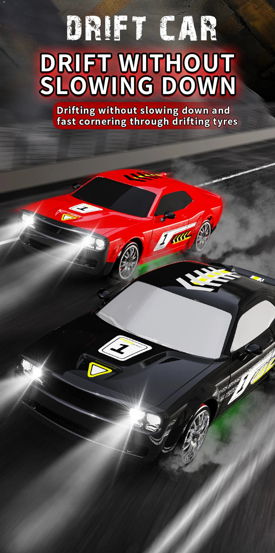 Zwart 4WD RC-raceauto met schitterende details en actieve LED-verlichting, uitgerust met een draadloze stuurunit. Perfect voor speelplein of binnen, m