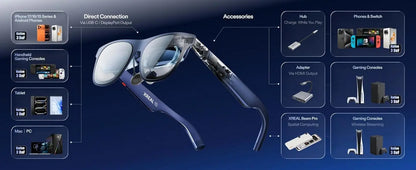 XREAL 1S AR-bril in donkerpaars met zwart frame, geleverd met oplader, beschermhoes en handleiding. Compacte, draagbare realiteitsbril voor virtuele e