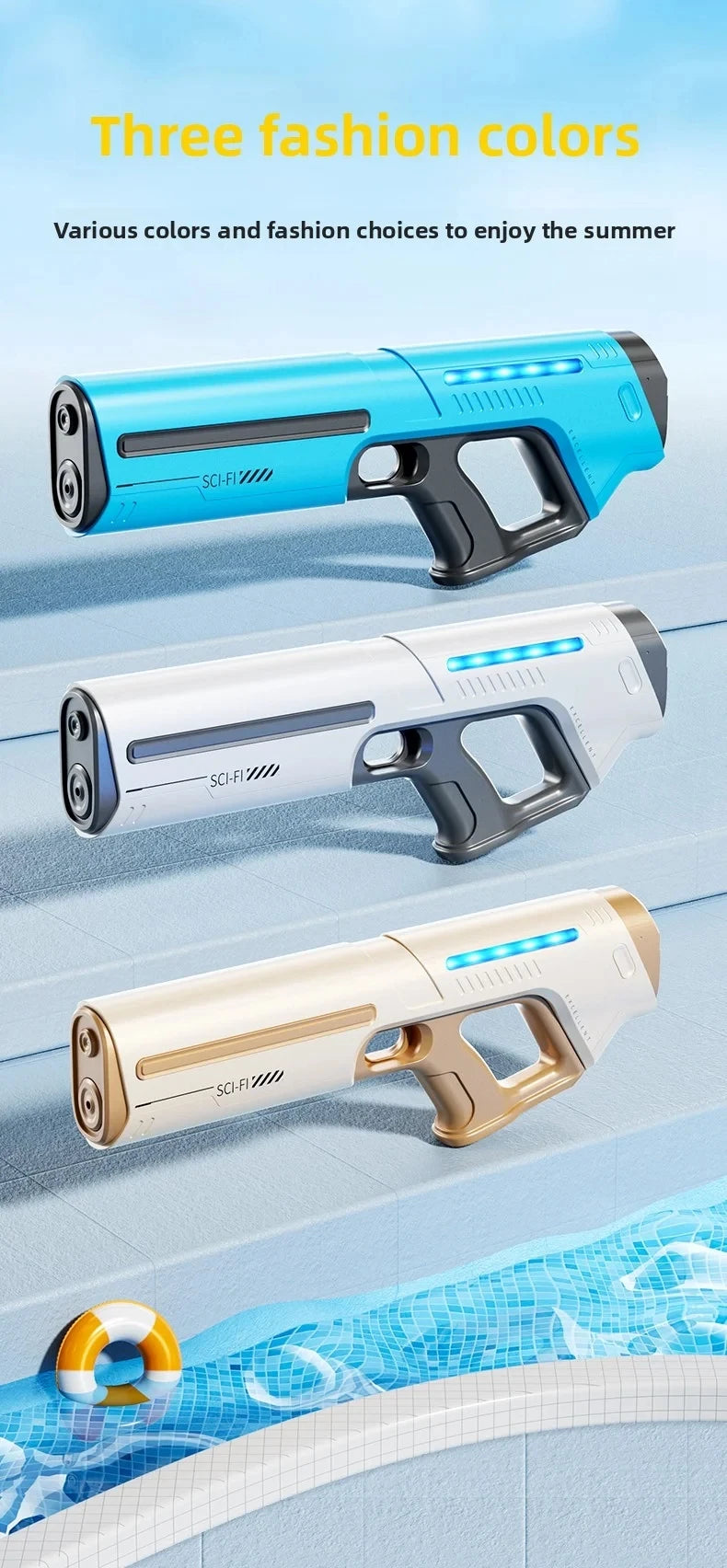 Een witte elektrische waterpistool met blauwe LED-verlichting, vastgehouden door een jonge vrouw in jeans. Het speelgoed is voor kinderen en geschikt 