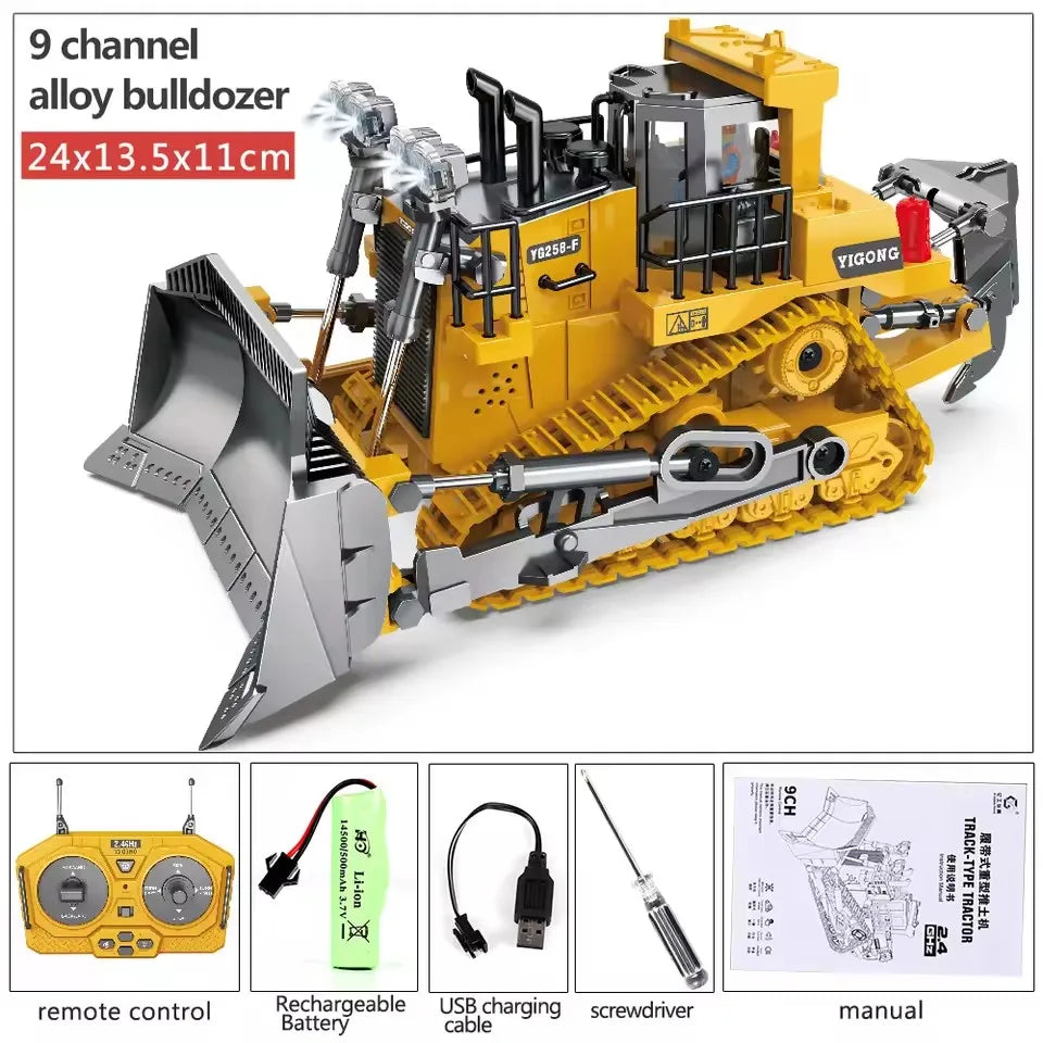 Grote gele en bulldozer met metalen details, geplaatst op zand met een hand die de afstandsbediening bedient, ideaal voor kinderen die graag bouwspell