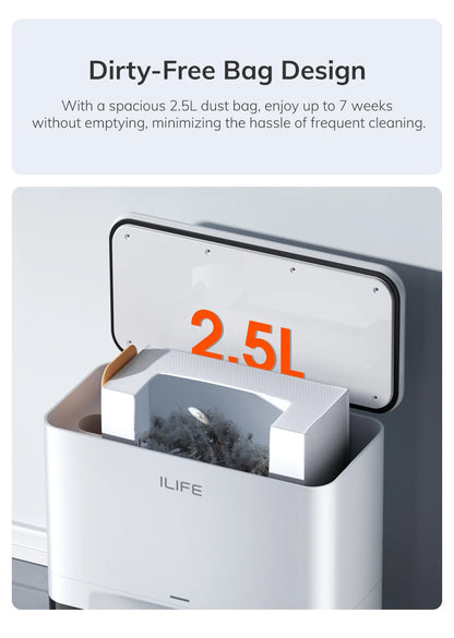 De witte ILIFE robotstofzuiger met zwart accent en app-geconnecte display, klaar voor automatische vloerreiniging in huishoudens. Geoptimaliseerd voor