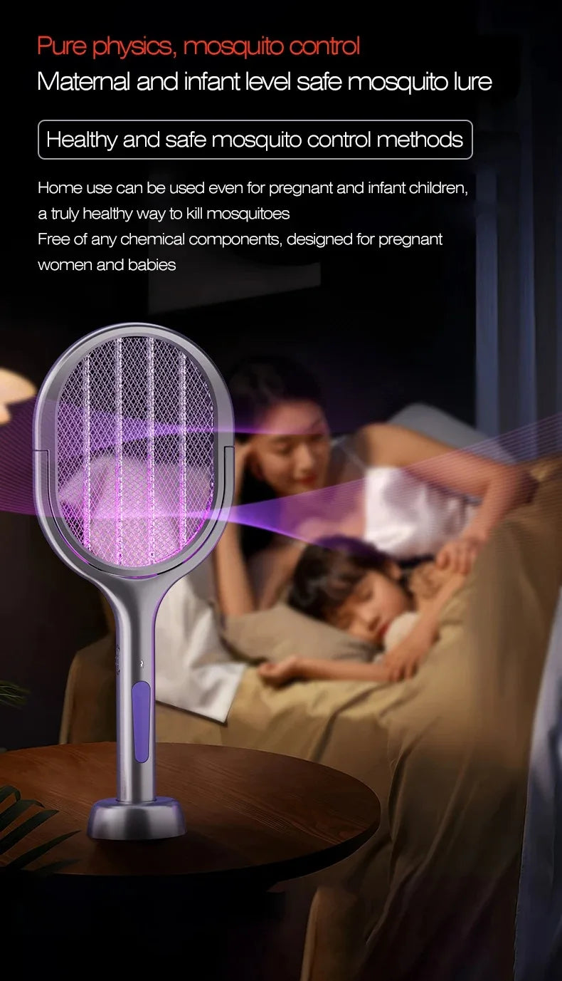 Zilverkleurige, opvouwbare insectensteker met paarse UV-verlichting en 180° draaibare mesh, geschikt voor muurmontage en nachtgebruik in slaapkamers o