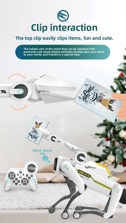 De witte 2.4G RC Smart Dog met groene accenten en zwarte poten, uitgerust met Bluetooth en een afstandsbediening, is een slimme speelgoedhond voor kin