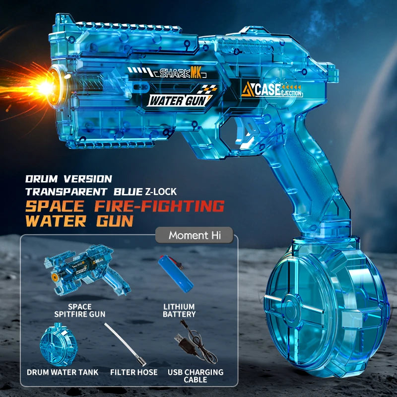 De elektrische waterpistool Shark MK-1 heeft een transparante, futuristische constructie met een donkerblauwe grip en een opvallende rode uitlaat. Het