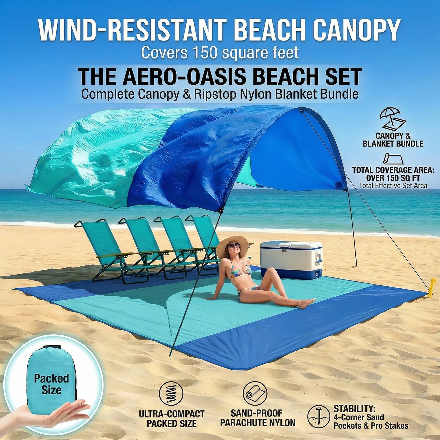 Windbestendige strandparasol in blauw en turquoise, met zichtbare zonnewering en zand onder de ligstoelen. Ideaal voor zonnige stranddagen en zomerse 