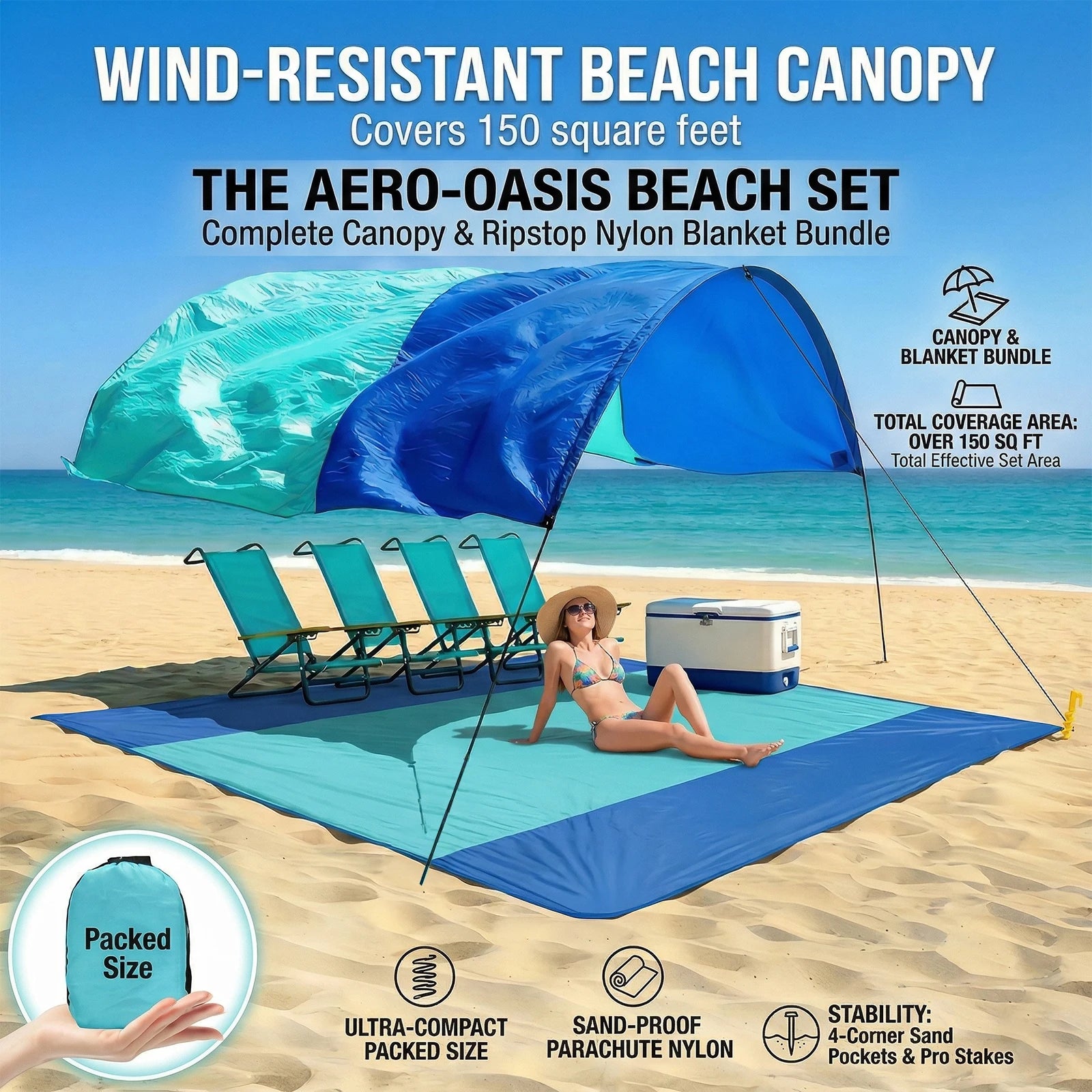 Windbestendige strandparasol in blauw en turquoise, met zichtbare zonnewering en zand onder de ligstoelen. Ideaal voor zonnige stranddagen en zomerse 