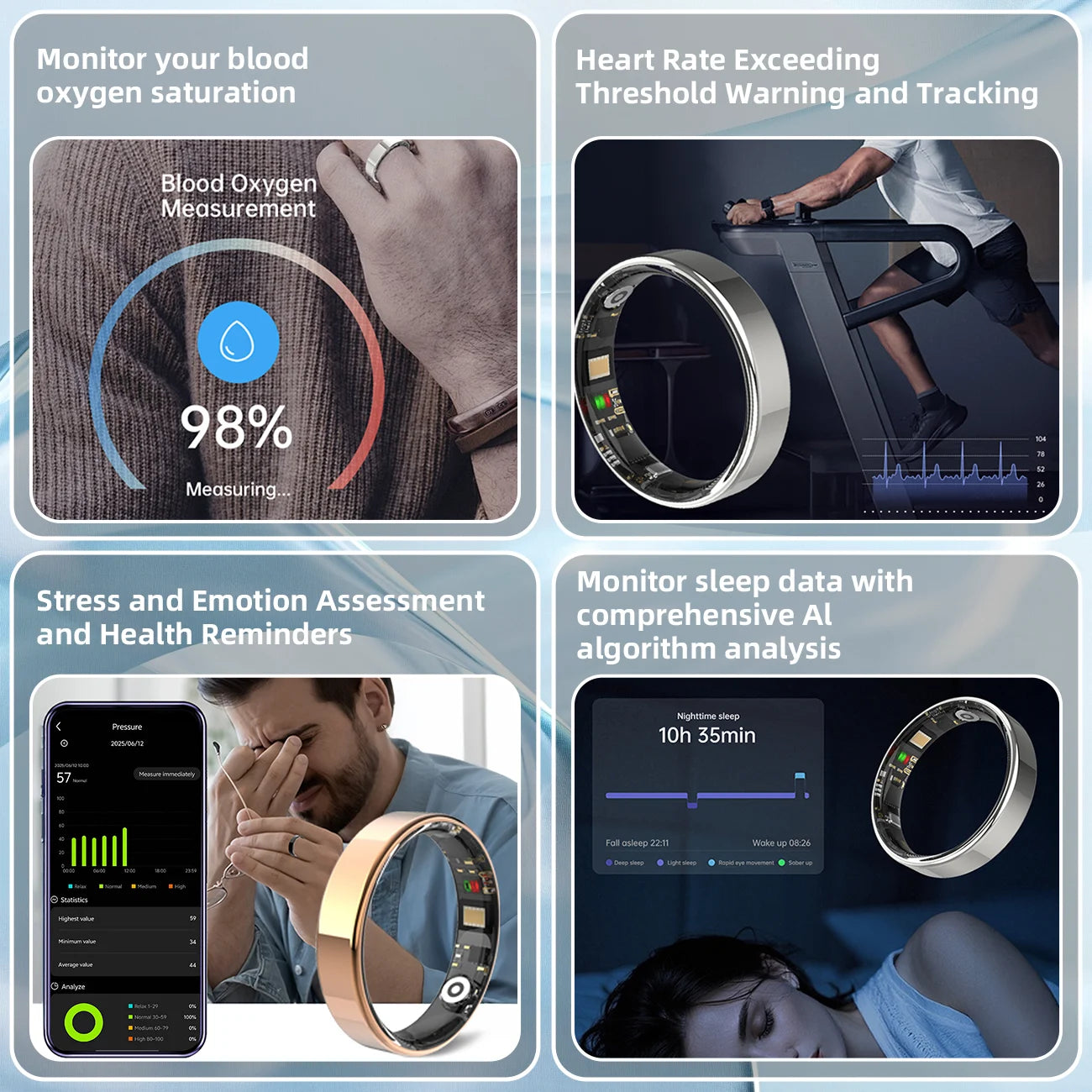 Een slimme ring in zilver, zwart en goud, met zichtbare technische componenten en een IP68 waterdichte constructie, geschikt voor sportieve activiteiten en afstandsbediening van de camera. - Foto 3