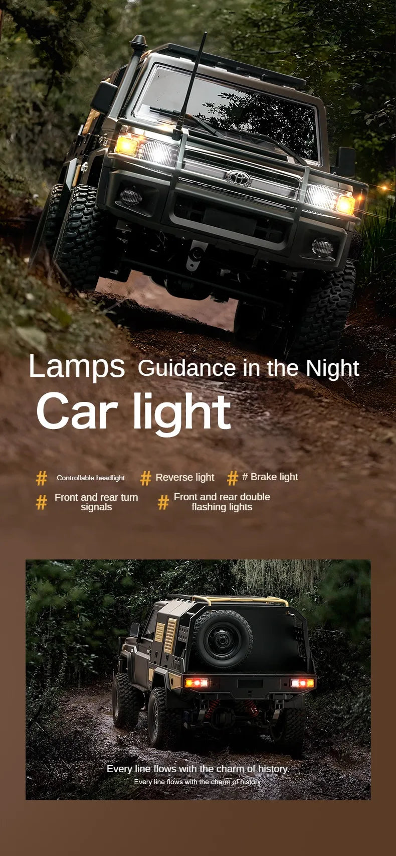De ZWN MN82S 1:12 RC Toyota Land Cruiser in bruin, met grote terreinbanden en een opvallende voorbumper, staat op rotsachtig terrein. Officieel licent