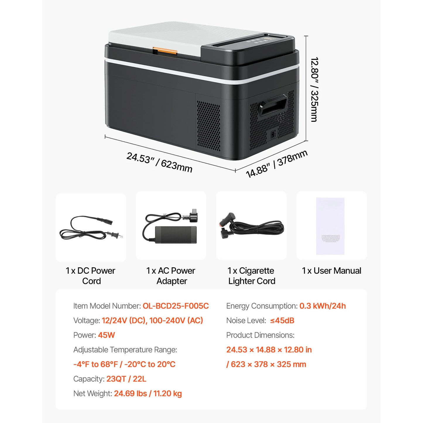 Zwart-zilveren elektrische koelbox met digitale display en drinkhouder, geschikt voor koude dranken op reis. Toont inclusief kabels en ijsblokjes voor