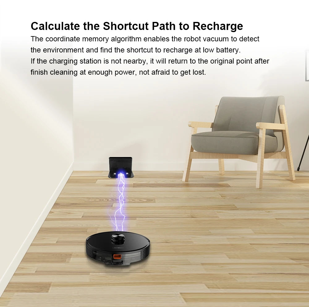 Een zwart, glanzend robotstofzuiger met zichtbare bedieningsknoppen en een smartphone-app die de ruimte scant. Geschikt voor automatische stofzuiging 