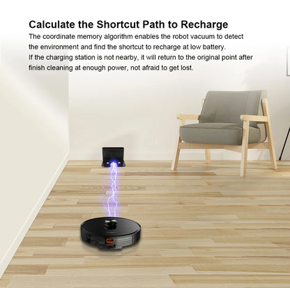 Een zwart, glanzend robotstofzuiger met zichtbare bedieningsknoppen en een smartphone-app die de ruimte scant. Geschikt voor automatische stofzuiging 