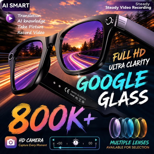 Zwart Google Glass met HD-camera en AI-functionaliteit, perfect voor reizen en avontuur. Zichtbare lenzen in meerdere kleuren, voor optimale zichtbaar