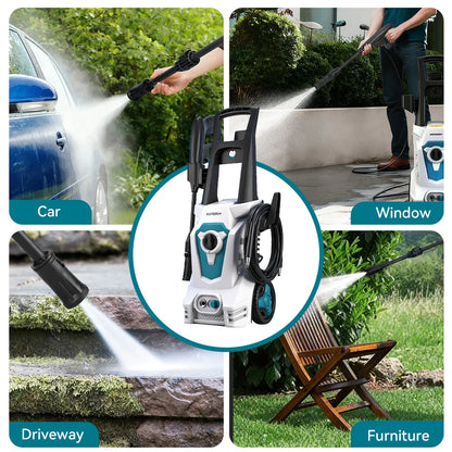 De YOFIDRA 200BAR waterstraler met blauwe en witte kleuren, inclusief flexibele wielen, handdoek en handschoenen, geschikt voor efficiënte tuin- en ca