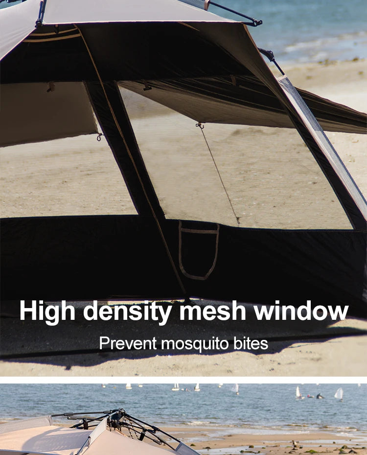 Zilverkleurige, UPF60+ beschermende vinyl zonnescherm tent op het strand, met twee gele vouwstoelen en tafel, ideaal voor zonbescherming tijdens kampe