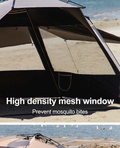 Zilverkleurige, UPF60+ beschermende vinyl zonnescherm tent op het strand, met twee gele vouwstoelen en tafel, ideaal voor zonbescherming tijdens kampe