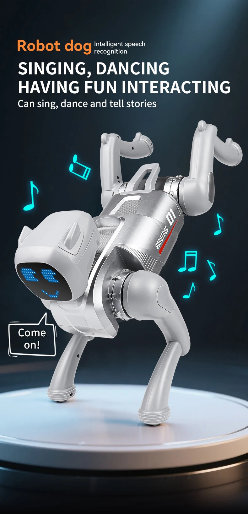 ZWN X1 AI Smart Robot Dog, zilverkleurig met blauwe LED-gezicht, speelt muziek en danst. Geschikt voor kinderen, met Bluetooth en app-controle voor in