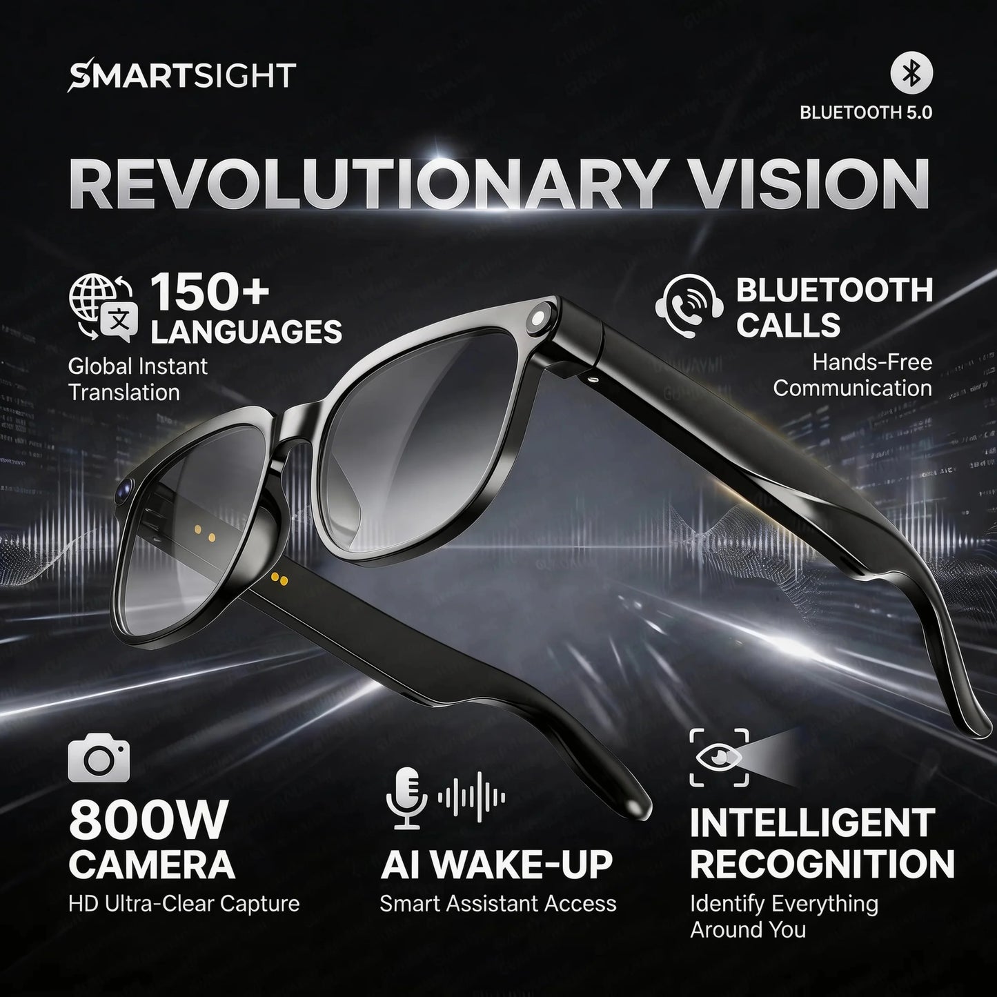 Zwart virtueel realiteitsbril met 800K HD-camera en 32G geheugen, voor hoge kwaliteit video-opnames en AI-vertaling in een futuristische stadsomgeving