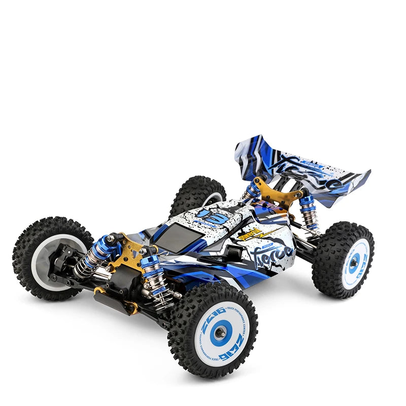 WLtoys Zealot 1:12 4WD RC-raceauto met blauw-wit camouflage, zichtbare schokdempers en rubberen banden, geschikt voor snelheidstests en terreinraces. 
