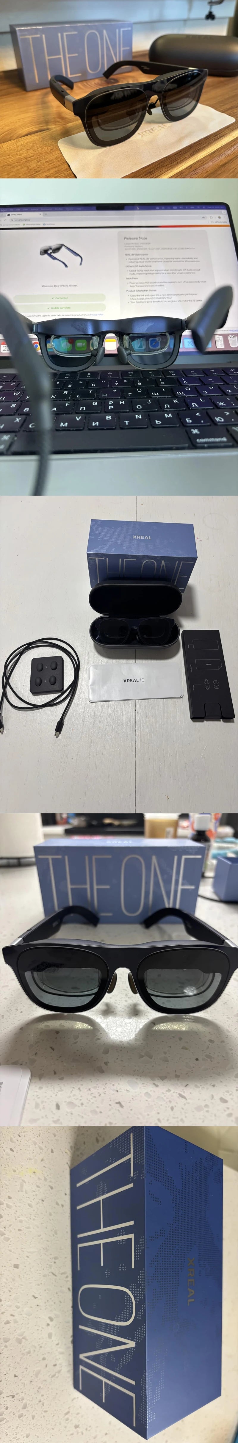 XREAL 1S AR-bril in donkerblauw met zwart frame, geleverd met oplader, beschermhoes en handleiding. Compacte, draagbare realiteitsbril voor virtuele e