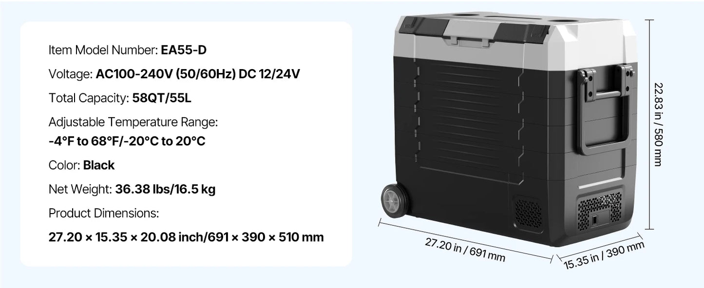 Zwart-zilveren draagbare koelbox met digitale display en drinkhouder, geschikt voor koude dranken op reis. Inclusief stroomadapter en ijsblokjes voor 