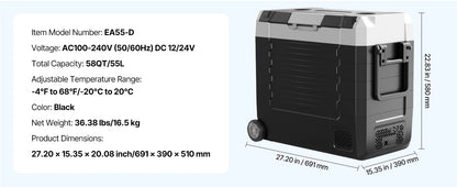 Zwart-zilveren draagbare koelbox met digitale display en drinkhouder, geschikt voor koude dranken op reis. Inclusief stroomadapter en ijsblokjes voor 