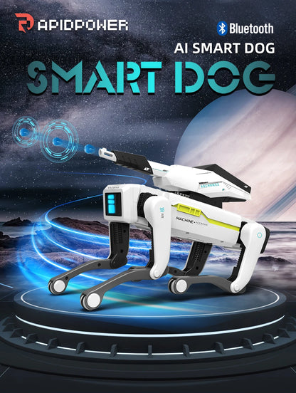 De witte 2.4G RC Smart Dog met groene accenten en zwarte poten, uitgerust met Bluetooth en een afstandsbediening, is een slimme hondrobot voor speelpl