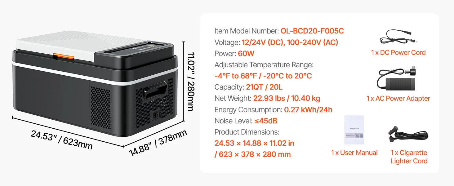 Zwart-zilveren elektrische koelbox met digitale display en drinkhouder, geschikt voor koude dranken op reis. Toont inclusief kabels en ijsblokjes voor