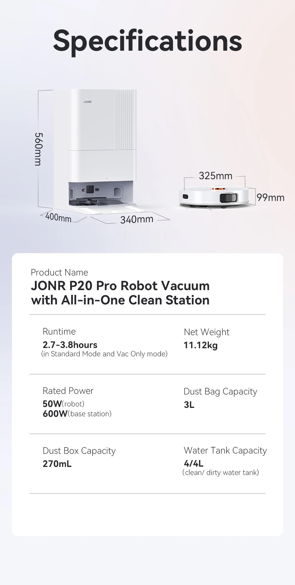 De JONR P20 Pro robotstofzuiger met witte, moderne design en zichtbare borstel, staat klaar bij zijn laadstation. Het apparaat is bedienbaar via de mo